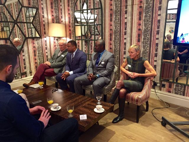 Nevis Tourism Minister Mark Brantley (second from right) and team field questions from journalists during a tourism promotion trip to London